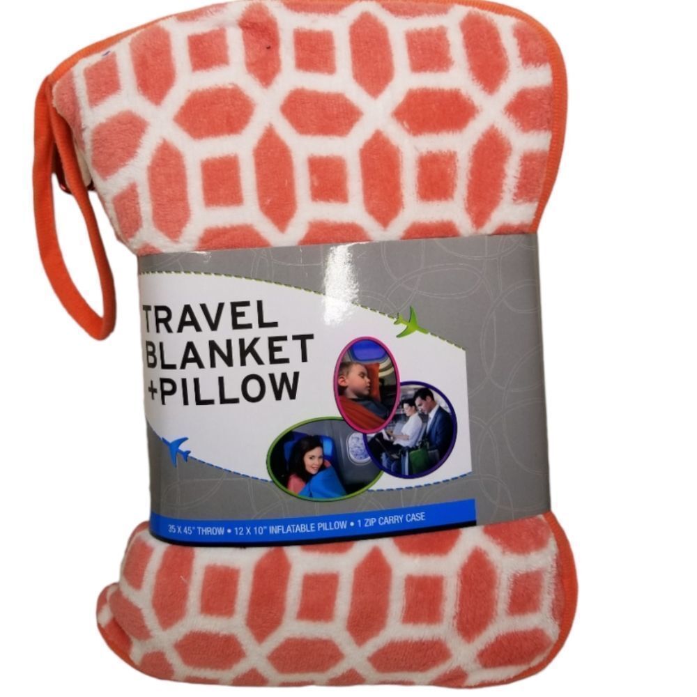 SILVER One Travel Blanket‎ And Pillow Set Orange White Geometric Pattern NWT